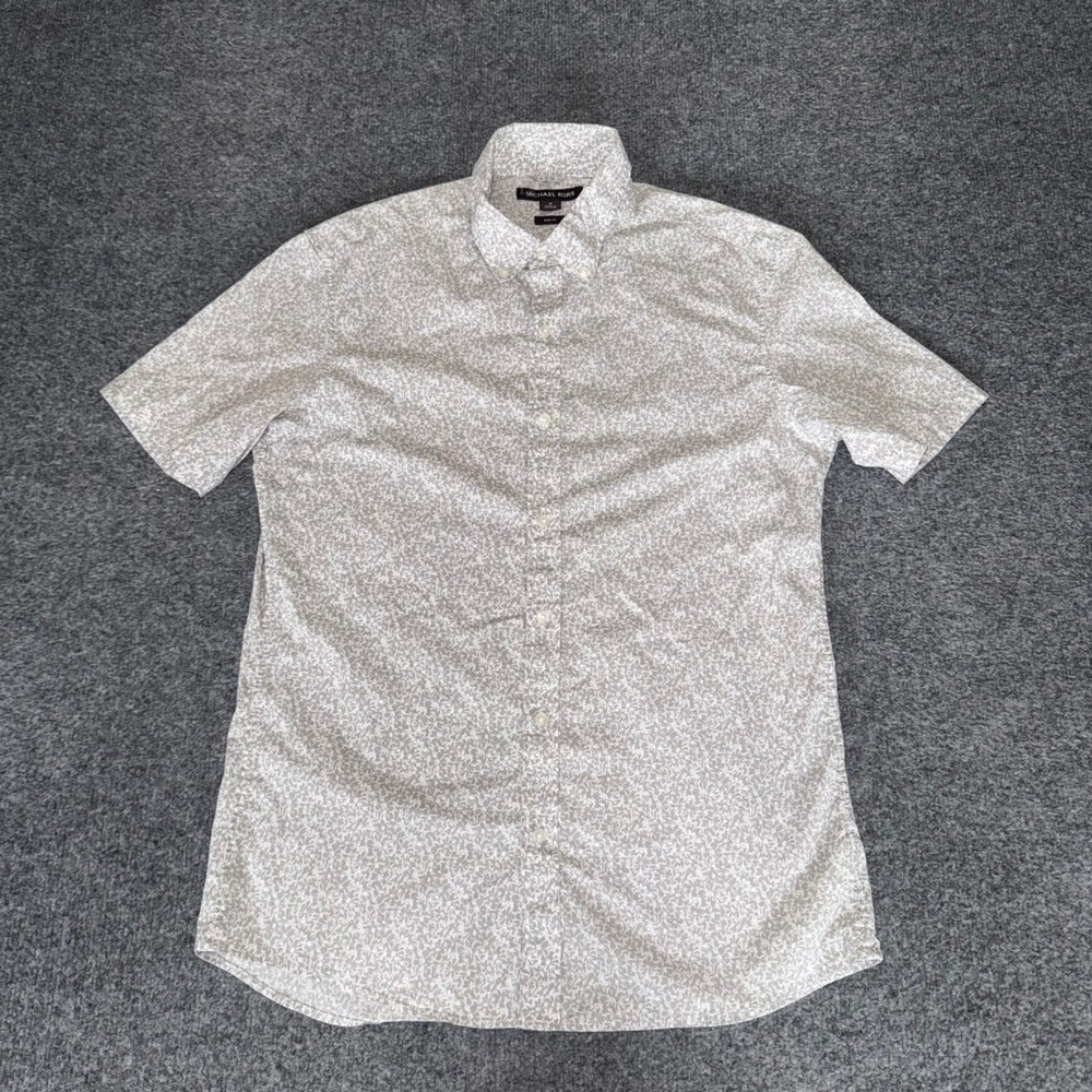 Michael Kors Mens Slim Fit Short Sleeve Button Down Shirt Floral Grey White M